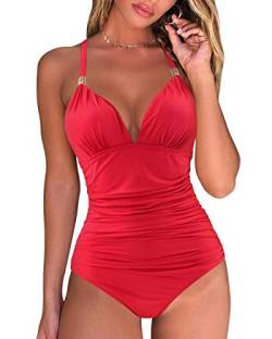 RXRXCOCO Badeanzug Damen Raffungen Bauchweg V Ausschnitt Push Up Shape Bademode Neckholder Einteilige Rückenfrei Badeanzug Rot M von RXRXCOCO