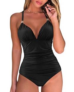 RXRXCOCO Badeanzug Damen Raffungen Bauchweg V Ausschnitt Push Up Shape Bademode Neckholder Einteilige Rückenfrei Badeanzug Schwarz Size XL von RXRXCOCO