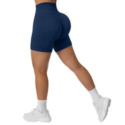 RXRXCOCO Damen Blickdicht Nahtlose High Waisted Kurze Sporthose Gym Sport Shorts Kurze Laufhose Radlerhose #1 Schlicht Blau Size L von RXRXCOCO