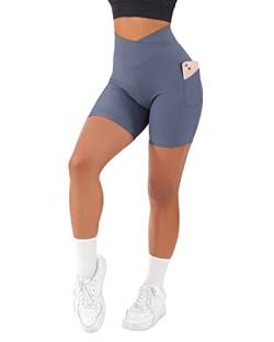 RXRXCOCO Damen Cross Waist Gerippte Kurze Sporthose mit Handytasche Nahtlos Gym Sport Shorts Kurze Laufhose Radlerhose Blau Size M von RXRXCOCO