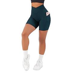 RXRXCOCO Damen Cross Waist Gerippte Kurze Sporthose mit Handytasche Nahtlos Gym Sport Shorts Kurze Laufhose Radlerhose Dunkelgrün Size L von RXRXCOCO