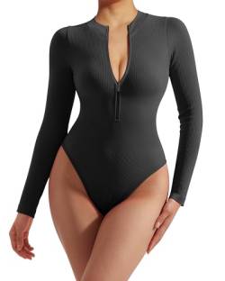 RXRXCOCO Damen Gerippte Langarm Bodysuits mit Reißverschluss Rundhalsausschnitt Bodysuit Bauchweg Shapewear Formende Shaper Schwarz L von RXRXCOCO