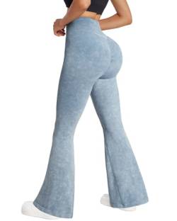 RXRXCOCO Damen High Waist Schlaghose Yoga Hose Flared Leggings Bootcut Hose Push Up Scrunch Booty Lang Sporthose Laufhose Seeblau XL von RXRXCOCO