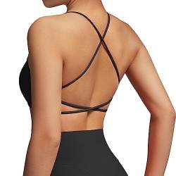 RXRXCOCO Damen Sport BH Rückenfrei Gekreuzt Spaghettiträger Gepolstert Sports Bra Ohne Bügel Dünne Träger Sport Bustier Schwarz XL von RXRXCOCO