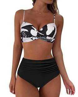 RXRXCOCO Damen Wickel Push Up Bikini Oberteil Bauchweg High Waist Bikini Set Bademode Blumig Schwarz Size S von RXRXCOCO