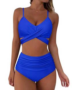 RXRXCOCO Damen Wickel Push Up Bikini Oberteil mit Bauchweg High Waist Bikini Set Bademode Blau Size XL von RXRXCOCO