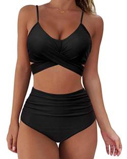 RXRXCOCO Damen Wickel Push Up Bikini Oberteil mit Bauchweg High Waist Bikini Set Bademode Schwarz Size S von RXRXCOCO