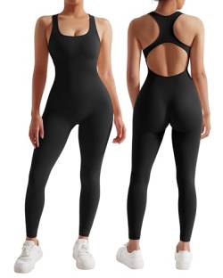 RXRXCOCO Gerippte Ärmellos Jumpsuits Damen Lang Eng Tank Rückenfreie Padded Einteiler Bauchweg Sport Yoga Overall Romper Schwarz M von RXRXCOCO