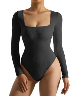 RXRXCOCO Gerippte Langarm Body Damen Square Neck Bodysuit Bauchweg Shapewear Formende Shaper Schwarz M von RXRXCOCO