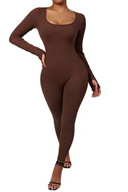 RXRXCOCO Gerippte Langarm Jumpsuits Damen Eng Square Neck Einteiler Bauchweg Sport Yoga Overall Romper Braun L von RXRXCOCO