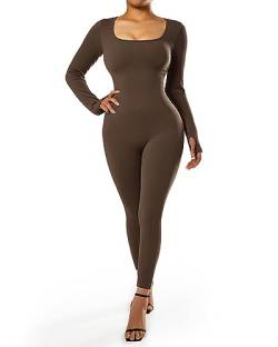 RXRXCOCO Gerippte Langarm Jumpsuits Damen Eng Square Neck Einteiler Bauchweg Sport Yoga Overall Romper Schokoladen Kaffee M von RXRXCOCO