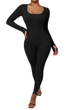 RXRXCOCO Gerippte Langarm Jumpsuits Damen Eng Square Neck Einteiler Bauchweg Sport Yoga Overall Romper Schwarz M von RXRXCOCO