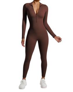 RXRXCOCO Gerippte Langarm Jumpsuits Damen mit Reißverschluss Eng Rundhalsausschnitt Einteiler Bauchweg Sport Yoga Overall Romper Braun XL von RXRXCOCO