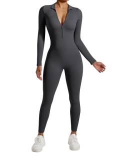 RXRXCOCO Gerippte Langarm Jumpsuits Damen mit Reißverschluss Eng Rundhalsausschnitt Einteiler Bauchweg Sport Yoga Overall Romper Graphit Grau S von RXRXCOCO