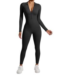 RXRXCOCO Gerippte Langarm Jumpsuits Damen mit Reißverschluss Eng Rundhalsausschnitt Einteiler Bauchweg Sport Yoga Overall Romper Schwarz L von RXRXCOCO