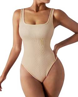 RXRXCOCO Gerippte Shapewear Damen Body Square Neck Tanga Rückenfreie Shapewear Bauchweg Stark Formend Tank Bodysuit Body Shaper Haut L von RXRXCOCO