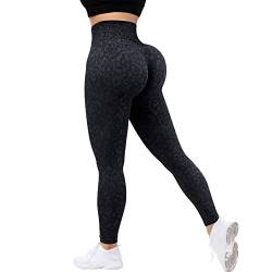 RXRXCOCO High Waist Sport Leggings Damen Lang Blickdicht Push Up Sporthose Scrunch Booty Gym Laufhose #9 Schwarz Leopardenmuster（L） von RXRXCOCO