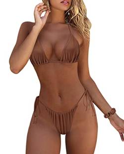 RXRXCOCO Sexy Brazilian Bikini Damen Set Triangel String Oberteil Bikini Tanga Bademode Braun Size S von RXRXCOCO