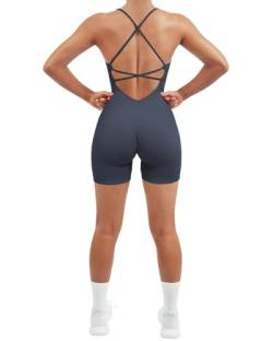 RXRXCOCO Spaghetti Strap Ärmellos Gerippte Push Up Scrunch Booty Jumpsuit Damen Eng Rückenfreie Padded Overall Bauchweg Kurz Yoga Sport Einteiler Romper Blau L von RXRXCOCO