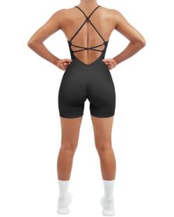 RXRXCOCO Spaghetti Strap Ärmellos Gerippte Push Up Scrunch Booty Jumpsuit Damen Eng Rückenfreie Padded Overall Bauchweg Kurz Yoga Sport Einteiler Romper Schwarz L von RXRXCOCO