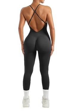 RXRXCOCO Spaghetti Strap Gerippte Ärmellos Jumpsuit Damen Eng Rückenfreie Padded Overall Bauchweg Push Up Scrunch Booty Yoga Sport Einteiler Romper Bodysuit Schwarz S von RXRXCOCO