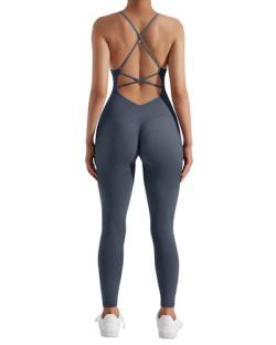RXRXCOCO Spaghetti Strap Gerippte Jumpsuit Damen Eng Rückenfreie Padded Overall Bauchweg Yoga Sport Einteiler Romper Bodysuit #2 Blau L von RXRXCOCO