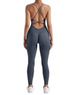 RXRXCOCO Spaghetti Strap Gerippte Jumpsuit Damen Eng Rückenfreie Padded Overall Bauchweg Yoga Sport Einteiler Romper Bodysuit #2 Blau M von RXRXCOCO