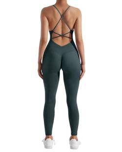 RXRXCOCO Spaghetti Strap Gerippte Jumpsuit Damen Eng Rückenfreie Padded Overall Bauchweg Yoga Sport Einteiler Romper Bodysuit #2 Dunkelgrün L von RXRXCOCO