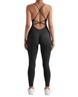 RXRXCOCO Spaghetti Strap Gerippte Jumpsuit Damen Eng Rückenfreie Padded Overall Bauchweg Yoga Sport Einteiler Romper Bodysuit #2 Schwarz S von RXRXCOCO