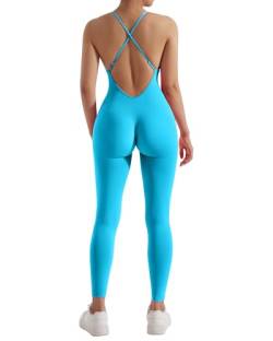 RXRXCOCO Spaghetti Strap Gerippte Jumpsuit Damen Eng Rückenfreie Padded Overall Bauchweg Yoga Sport Einteiler Romper Bodysuit Bernstein Blau S von RXRXCOCO