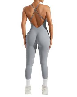 RXRXCOCO Spaghetti Strap Gerippte Jumpsuit Damen Eng Rückenfreie Padded Overall Bauchweg Yoga Sport Einteiler Romper Bodysuit Grau Blau L von RXRXCOCO