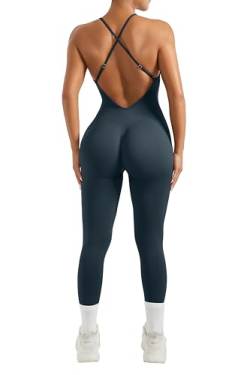 RXRXCOCO Spaghetti Strap Gerippte Jumpsuit Damen Eng Rückenfreie Padded Overall Bauchweg Yoga Sport Einteiler Romper Bodysuit Grau Blau M von RXRXCOCO