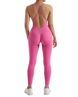 RXRXCOCO Spaghetti Strap Gerippte Jumpsuit Damen Eng Rückenfreie Padded Overall Bauchweg Yoga Sport Einteiler Romper Bodysuit Rose Rosa L von RXRXCOCO