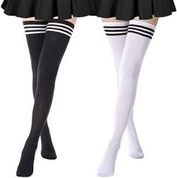 RY-EARL 2 Paar Kniestrümpfe Overknee Strümpfe Damen Thigh High Socks Lange Gestreifte Socken Schwarz Warme Knee Stockings Knee High Beinwärmer Schenkel Socken für Mädchen von RY-EARL