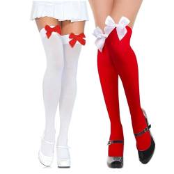 RYMAUP® 2 Paar Overknees Strümpfe Damen mit Schleife, Knee High Socks Overknee Socks Thigh High Socks, Lange Overknee Strümpfe, Karneval kostüm damen，Faschingskostüme von RYMAUP