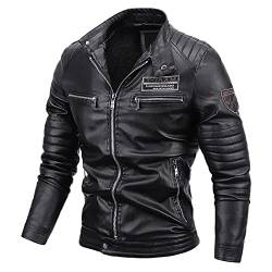 Bomberjacke Leder Herren Gefüttert Schwarz Kunstlederjacke Stehkragen Reißverschluss Lederjacke Winter Plus Velvet Leder Bikerjacke Winterlederjacken Outdoorjacke von RYTEJFES