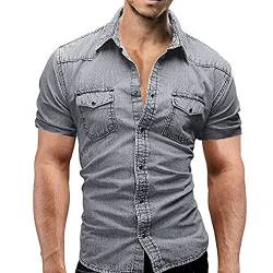 Denim Freizeithemden Herren Tops Leisure Kurzarm T-Shirt Slim fit Hemden V-Ausschnitt Knöpfen T-Shirts Kurzarmshirt Männer Jeanshemd Herrenhemden Kurzen Ärmeln Strickjacke von RYTEJFES