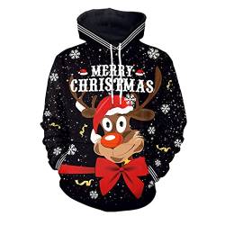 Herren Weihnachtspullover Rentier Lustig 3D Hoodie Sweatshirts Casual Loose Kapuzenpullover Weihnachtspulli Weihnachten Langarm Kordelzug Pullover mit Kapuze Xmas Pulli von RYTEJFES