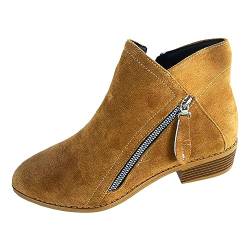 RYTEJFES Damen Stiefeletten Leder, Herbst Veloursleder Bequeme Halbhohe Stiefel Schuhe Round Flach Flat Casual Stiefeletten Cowboystiefel Retro Vintage Ankle Lange Damen Boots Boots von RYTEJFES