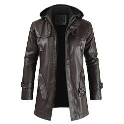 RYTEJFES Herren Lederjacke Lange mi Kapuze PU-Leder Trenchcoat Zipper Motorradjacke Herrenjacke mit Gürtel Bomberjacke Übergangsjacke Winddicht Wasserdicht Funktionsjacke Bikerjacke von RYTEJFES