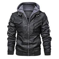 RYTEJFES Lederjacke Herren Schwarz mit Kapuze Winter Kunstlederjacke Kapuzenjacke mit Reißverschluss Windbreaker Outdoor Bomberjacke Bikerjacke kunstleder Fliegerjacke Leder Übergangsjacke von RYTEJFES