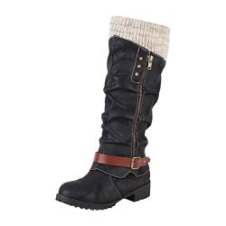 RYTEJFES Stiefel Damen Ohne Absatz, Winter Snow Retro Round Cowboystiefel Westernstiefel Flach Vintage Flat Casual Boots Schuhe Weiter Schaft Veloursleder Herbst Sexy Winterstiefel Stiefel von RYTEJFES