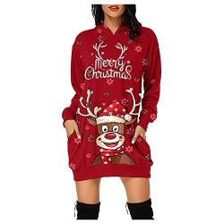 RYTEJFES Weihnachten Pullover Kleid Damen Langer Weihnachtspullover Lustig Druck Hoodiekleider für Frauen Langarm Midi-Länge Weihnachten Weihnachtspulli-Kleid mit kapuze Herbst Winter Weihnachtskleid von RYTEJFES