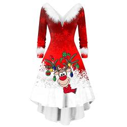 RYTEJFES Weihnachtskleid Damen Lustig Rot Langarm Weihnachtsdruck Elegant Party Kleider V-Ausschnitt Kunst-Plüschbesatz Weihnachtsmann Kostüm Weihnachtsfrau Miss Kleid Midi Kleid von RYTEJFES