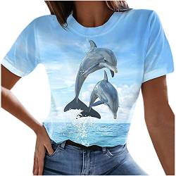 T-Shirt Damen Delphin-Print Sommer Oberteile Lässig Kurzarm O-Ausschnitt Locker T-Shirt Bluse Top Casual Basic Gestückelte Tees Tops Elegant Locker Mädchen Alltag Oberteile von RYTEJFES