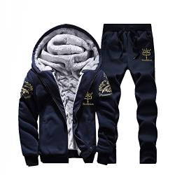 Winter Sportanzug Herren Baumwolle Gefütterte Jogginganzug Kapuzenjacke mit Reißverschluss Oberteile + Hose Fleece-Innenseite Sweatjacke Jogginghose Kapuzenpullover Kapuzenpulli Traininghose (Navy, L) von RYTEJFES