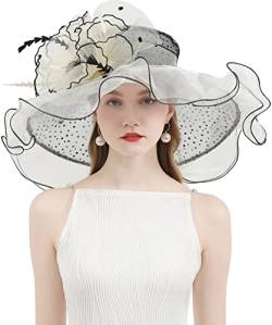 RZTA Damen Kentucky Derby Kirche Kleid Hut breite Krempe Blatt Blume Brautdusche Hut, 02beige, Einheitsgröße von RZTA
