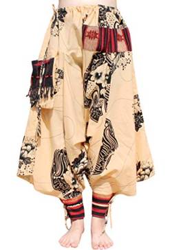 RaanPahMuang Japanische formelle Edo-Kurtisan-Hose mit gebundenen Bündchen und gewebten Patches, Aum Cotton Bisque Creme, Klein von RaanPahMuang