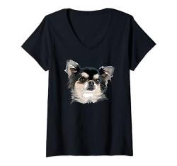 Damen Chihuahua Langhaar Chiwawa Welpe Hundeliebhaber Mama Papa T-Shirt mit V-Ausschnitt von Raf THE ARTIST Designs