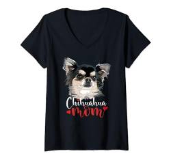 Damen Chihuahua Mama Chihuahua Langhaar Chiwawa Hundeliebhaber T-Shirt mit V-Ausschnitt von Raf THE ARTIST Designs